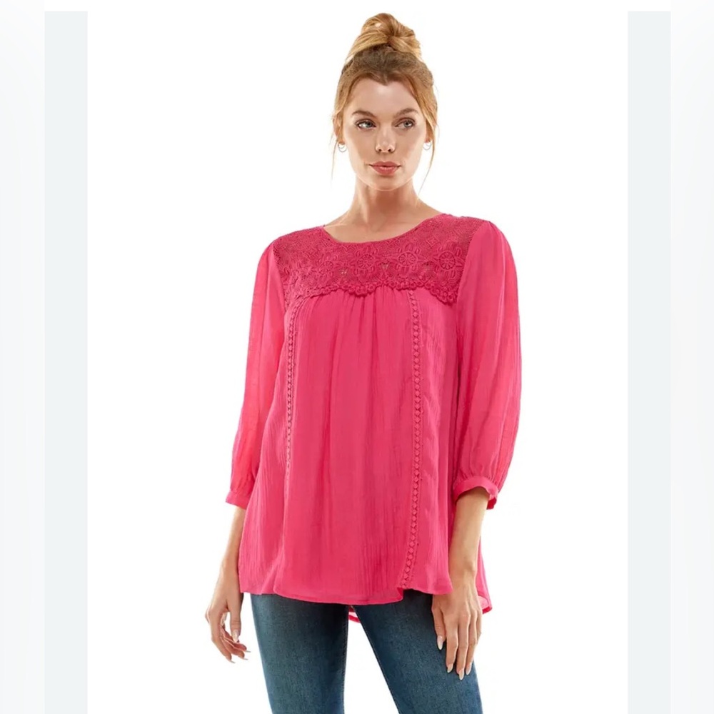 Figueroa & Flower Lace Peasant Top L Pink Loose Pullover Lined Floral Textured